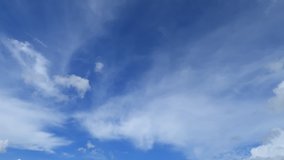 Fast move of white clouds on blue sky before storm. Day to night TimeLapse of white puffy & fluffy clouds on blue sky in tropical summer sunny & sunshine day changing & turning to dark space skyline 