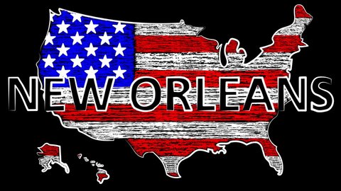 New orlean Animation. USA the name of the country. Coloring the map and flag.