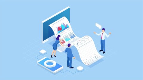 Isometric Expert team for Data Analysis, Business Statistic, Management, Consulting, Marketing. Landing page template concept. Data and investments. HD Video.