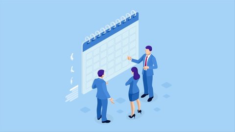 Isometric weekly schedule and calendar planner organization management. Online business workflow, time management, planning, task app, teamwork and meeting. HD Video.