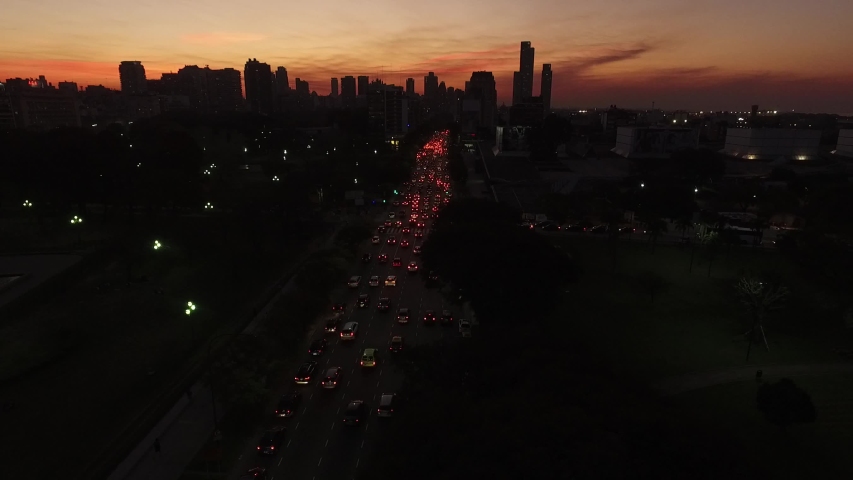 Aerial night scene of drones in Recoleta neighborhood in the city of Buenos Aires, Argentina, circa 2017. Camera Reveal City Skilne.