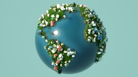 Spinning earth globe with every kind of garbage appears on the land covered with green grass. Plastic, glass and metal trash materialize on the planet surface. Symbol of environment pollution
