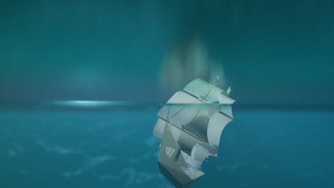 A tiny little white, paper ship sailing on big ocean waves and slowly sinks underneath the water surface during a night. Devastating forces of nature, overwhelming power symbolising failing business.
