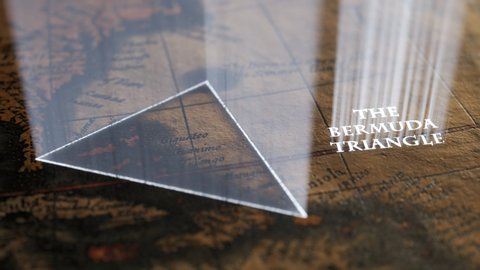 Famous Bermuda triangle marked with light shafts on an old, vintage map. A magical sign slowly appears hinting the approximate spot of mysterious disappearing and ship disasters over the years.
