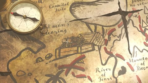Funny hand-drawn ancient map with animated drawings. Camera is  moving over the map showing sailing pirate ship, flag, palm trees, cannibal dancing near the pot and treasure chest full of gold
