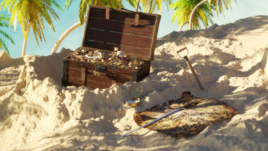 Old, worn handmade treasure map on tropical beach sand near the dig site. Treasure chest full of expensive jewellery, coins and ruby stones. Colorful palm trees, bright sand and clean turquoise water.