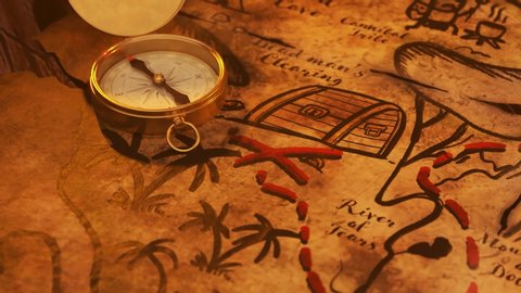 Dotted path to a treasure on a cartoon map in a tavern warmly lit by candles. A camera slowly hovers above the paper with intricate details of a hand-drawn piece of art. 4KHD

