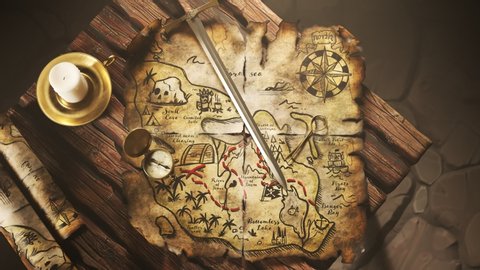 Old, worn, translucent, handmade drawn treasure map on a wooden tavern table with sword and compass on top of it. X marks the spot with a red dashed line leading to it. Camera track back to top view.
