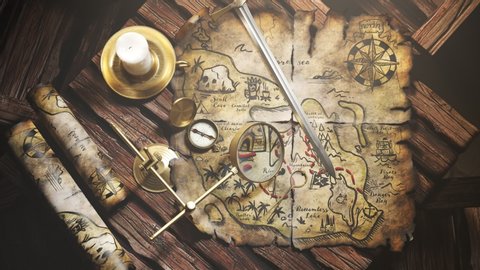 Detailed, cartoonish, treasure map with treasure spot marked by an x sign is seen through a magnifying glass with a golden frame. Beautiful, vintage compass laying on an old piece of paper.
