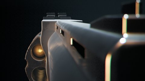 Single shiny, golden bullet is loaded to an old revolver. A gun cylinder is rotated rapidly. Unlucky shot in a lethal game of russian roulette. Bullet travels through the gun's barrel into the camera.