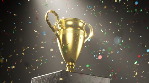 Champion golden trophy placed on an elevated platform against black background. Shiny award in the spotlight with falling colorful confetti. Concept of success, achievement, victory, a prize. 4K UHD
