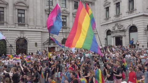 LONDON, UK - July 6th 2019: Large crowds of people attend the annual LGBTQ gay pride march n London