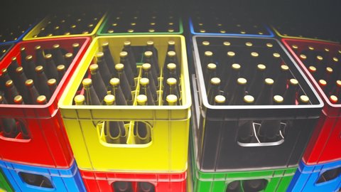 Countless colorful beer crates stacked in a warehouse during the night seen from a top view. The camera moves sideways in an endless, seamless looping animation. Fresh beverage storage.

