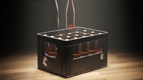 Black plastic beer crate full of glass beverage bottles is gradually emptied. Fresh crate arrives at the spotlight at the end of the drinking process. Endless, seamless, looping animation.
