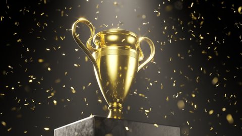 Champion golden trophy placed on an elevated platform against black background. Shiny award in the spotlight with falling golden confetti. Concept of success, achievement, victory, a prize. 4K UHD

