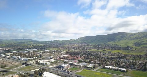 Aerial Drone South Fremont East Bay Mission Peak Hills & City Pan Shot