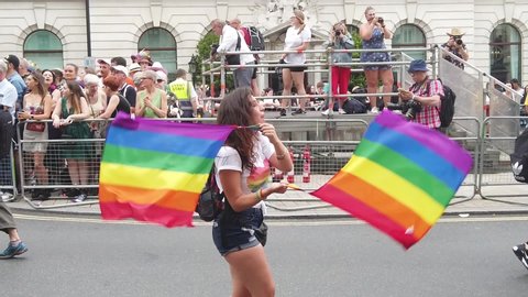 LONDON, UK - July 6th 2019: People wave LGBTQ gay pride flags at a solidarity march