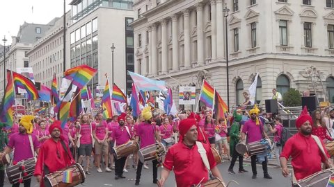 LONDON, UK - July 6th 2019: Crowds of people take part in the annual LGBTQ gay pride march n London