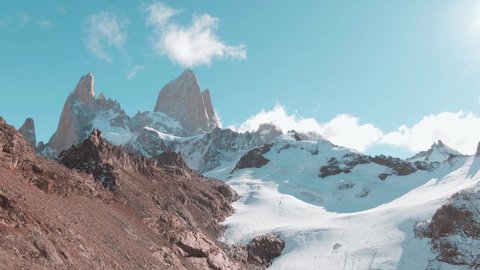 Aerial panoramic drone footage of Mount Fitz Roy, showcasing the beautiful Patagonia mountain landscape
