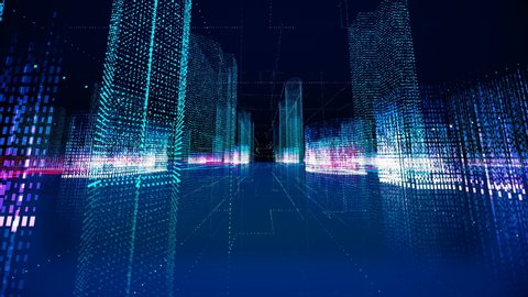 Futuristic matrix hologram city seamless loop. Digital blueprint of buildings with binary code particles 3D animation. Construction, growth, technology and connection concept with alpha channel matte