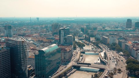 VIENNA, AUSTRIA - JUNE, 2019: City skyline aerial drone shot. Cathedrals and cityscape. Significant tourist sites from above. Historical centre with beautiful architecture.