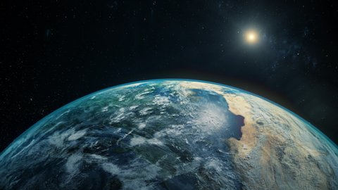 Space view of the sun rising on planet Earth, going from night to day with cloud formations and city lights . Ultra realistic 3D animation. 4K, 30 fps.