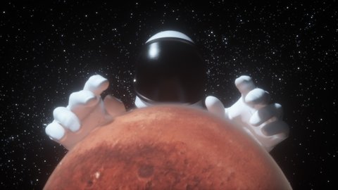 An astronaut stretches his hands behind the planet Mars in outer space against the background of the stars. Concept of space exploration and planets. 3d render. Dolly zoom effect