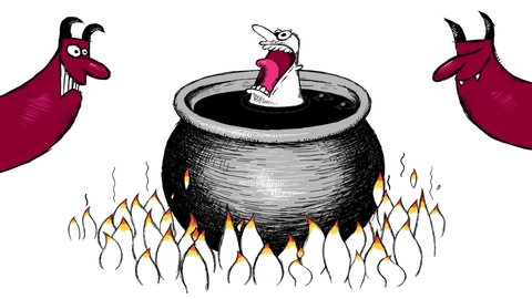 Funny cartoon animation. Bad sinner and two devils. He's boiling in kettle full of hot  tar and screaming. He looks like he fell in hell. He was a bad man and now he has penalty. Really unhappy man.