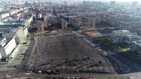 Aerial view of Memorial to the Murdered Jews of Europe also known as Holocaust Memorialit consists of a 19000 square metre site covered with 2711 concrete slabs in a grid pattern on a sloping field 4k