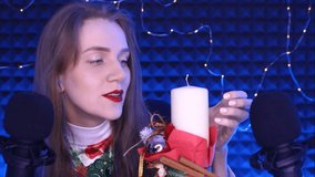 ASMR Video binaural sounds for relaxation of mind, tingles, pleasure. Tapping from ear to ear, whisper, mouth sounds. Wax candle hard surface. New triggers for tingly feelings deep in mind. Red lips