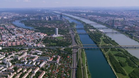 Vienna Austria - aerial shot from a helicopter - Danube river