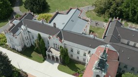 Hungarian, European Brunszvik Castle with Beethoven Memorial Hall and park in the old town aerial stock video