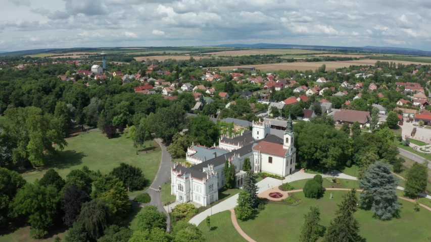 Hungarian, European Brunszvik Castle with Beethoven Memorial Hall and park in the old town aerial stock video