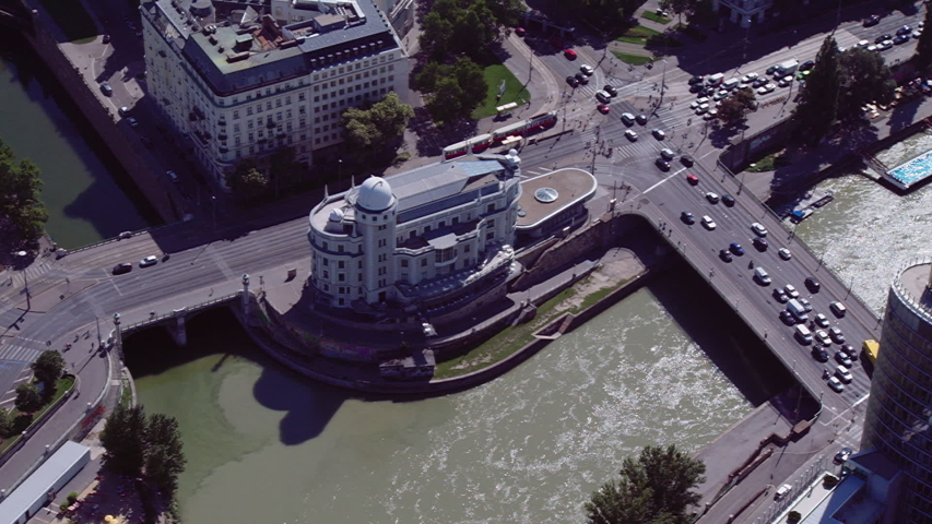 Vienna Austria - aerial shot from a helicopter - danube canal - Donaukanal + Urania