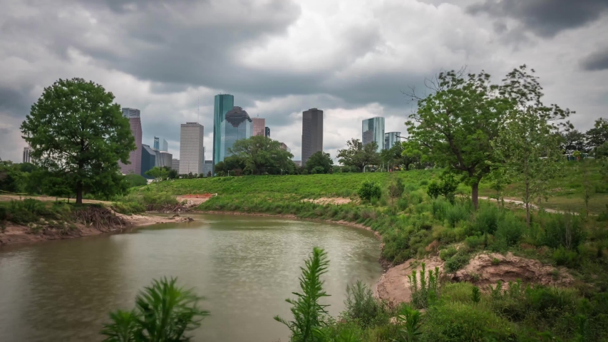 Time lapse of cloudy sky over downtown Houston. This view was taking from the Buffalo Bayou. This video was filmed in 4k for best image quality.