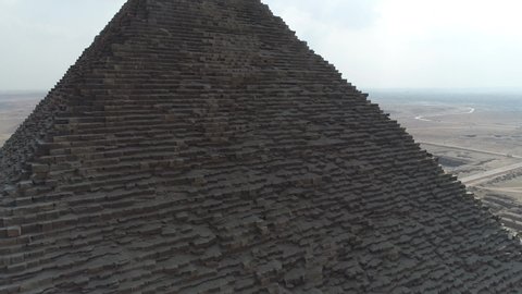 This is a drone shot of the Pyramids of Giza in Egypt.