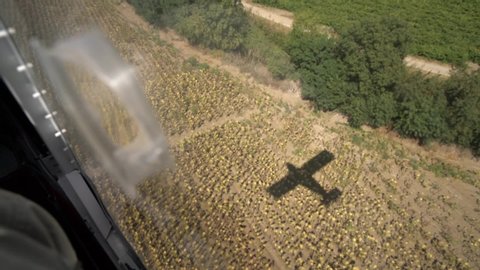 Plane shadow on farm field from flying small propeller aircraft. Tourist vacation summer entertainment concept