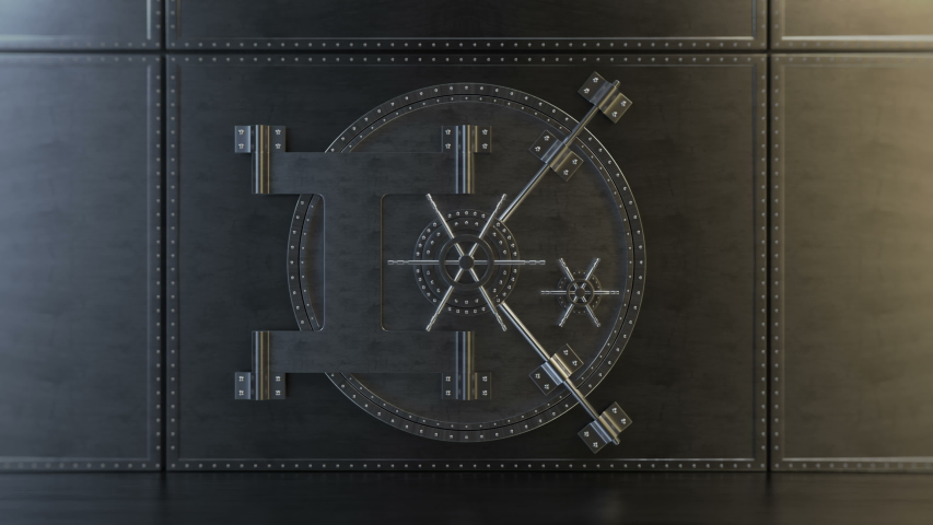 Bank vault. It opens and the camera moves inside. Very heavy steel door. A massive thick wall. Bank robbery. The high quality animation contains the alpha channel. Royalty-Free Stock Footage #1033867229
