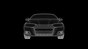 Car, vehicle, automobile, auto, motor car, motor vehicle, machine in Hologram Wireframe Style. 3d model. HUD. Loop video.
