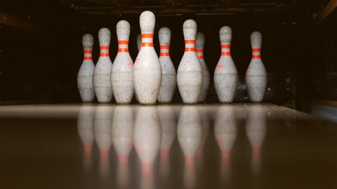 Dnipro. Ukraine. 07.12.2019.Bowling ball falls into a bowling alley. Frayed Pins