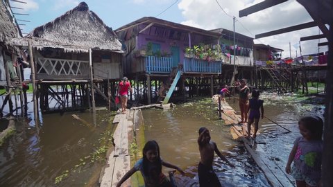 Iquitos, Peru. Circa 2019. indigenous People live in amazon river pueblo
