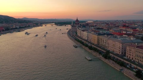 BUDAPEST, HUNGARY - MAY, 2019: Aerial drone view of Budapest with Buda Castle Royal Palace, Szechenyi Chain Bridge and River Danube.
