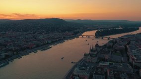 BUDAPEST, HUNGARY - MAY, 2019: Aerial drone view of Budapest with Buda Castle Royal Palace, Szechenyi Chain Bridge and River Danube.