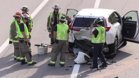 Toronto, Ontario, Canada July 2019 Serious car accident on highway with emergency vehicles on scene