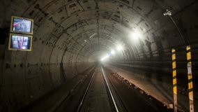 A seamlessly looping HD timelapse clip showing the view from the front of an underground train as it hurtles through tunnels and stations. 
