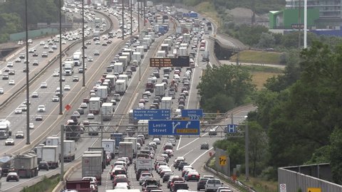 Toronto, Ontario, Canada July 2019 Traffic jam and gridlock on highway through Toronto