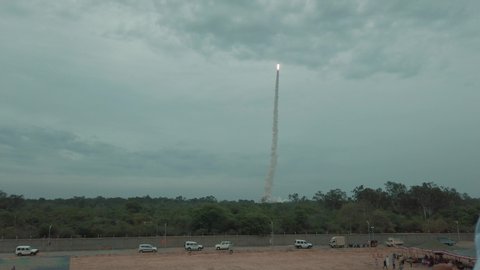 Sriharikota, Andhra Pradesh / India - July 22 2019: Fast/Timelapse view of the Chandrayan 2 satellite launch from the viewing gallery at Satish Dhawan Space Research Centre