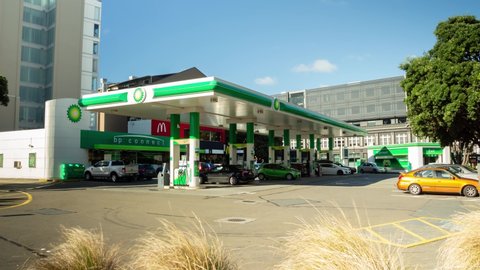 Wellington, New Zealand - 04 19 2019: Timelapse of a BP petrol station