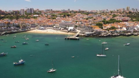 Cascais seashore and castles in Portugal, Europe, 4k aerial drone view	