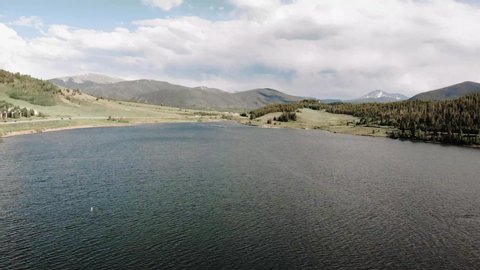 Mountain reservoir in Colorado, aerial dolly over open scene with copy space over landscape